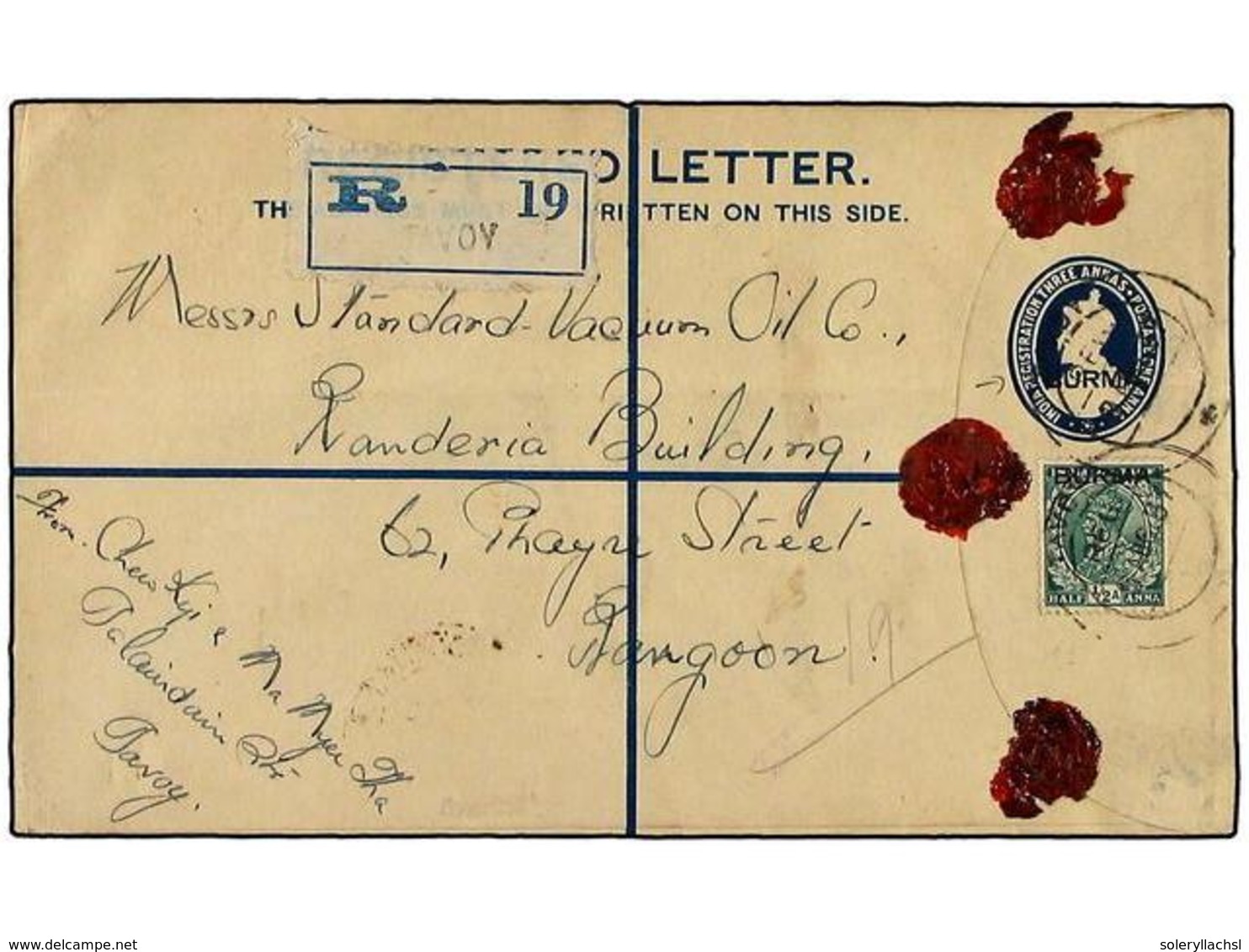 2751 BIRMANIA. 1937. <B>4 Annas.</B> BURMA Ovpt Postal Stationery Registered Envelope (H & G 1 UNPRICED!) Up-rated By <B - Sonstige & Ohne Zuordnung