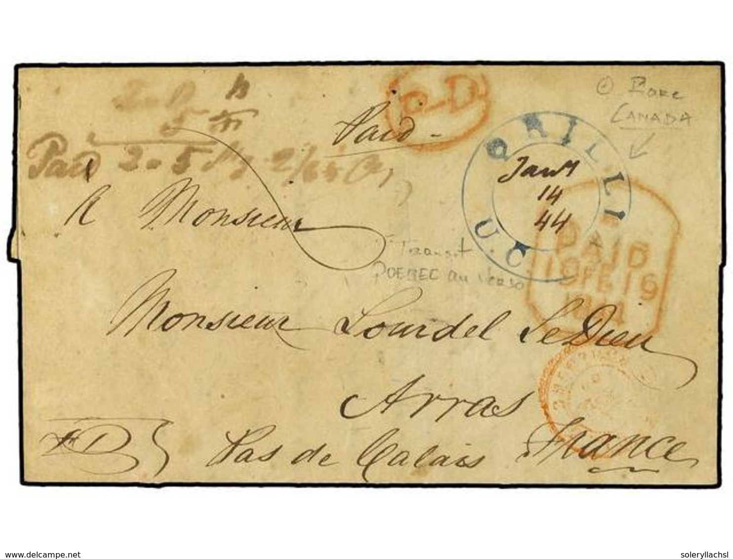 2757 CANADA. 1844. Pre-stamp Envelope To FRANCE Cancelled By <B>ORILLIA U.C.</B> Double Ring In Blue With Date In Manusc - Other & Unclassified