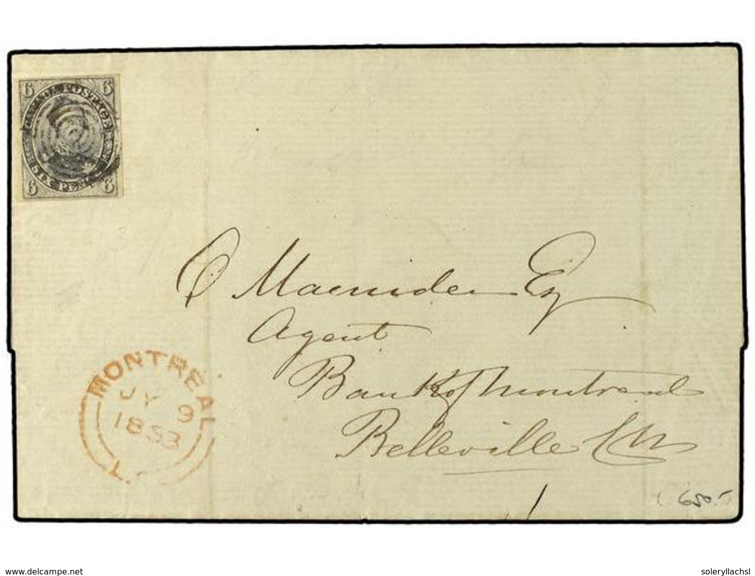 2758 CANADA. 1853 (July 9). Cover To BELLEVILLE, Canada West Franked By Imperforate 1851 <B>6 D.</B> Violet Grey Cancell - Sonstige & Ohne Zuordnung