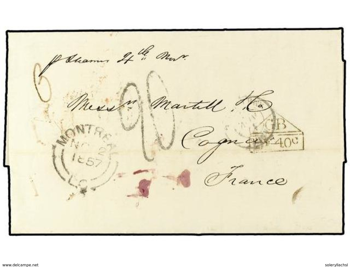 2761 CANADA. 1857. Cover From MONTREAL, Sent To England Aboard The Cunard Steamship Niagara, And Forwarded To France Wit - Sonstige & Ohne Zuordnung