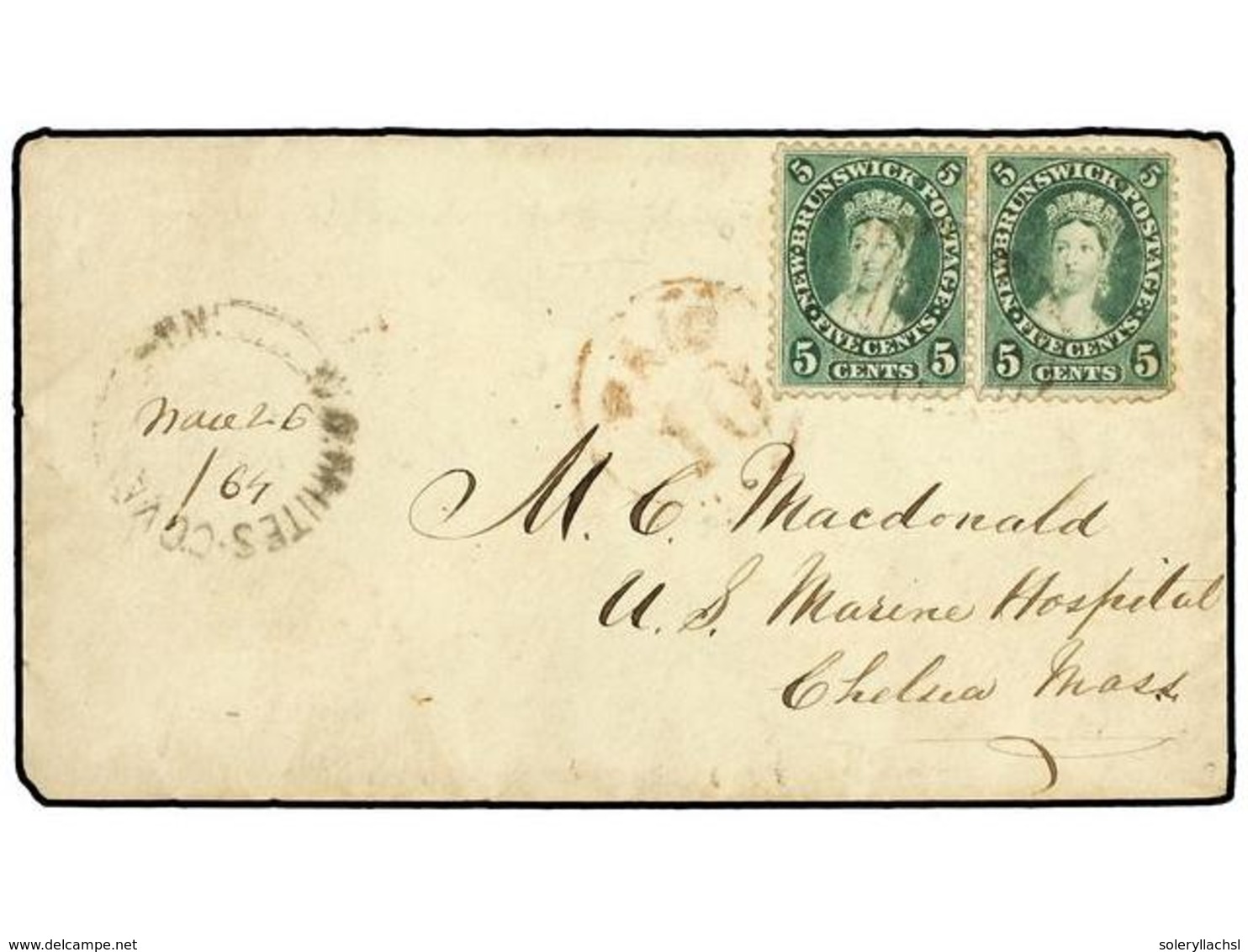 2764 CANADA. 1864 (Nov 26). Cover To Chelsea, Mass, USA Franked For 10c Rate With Pair Of 19860 <B>5c</B> Deep Green Tie - Other & Unclassified