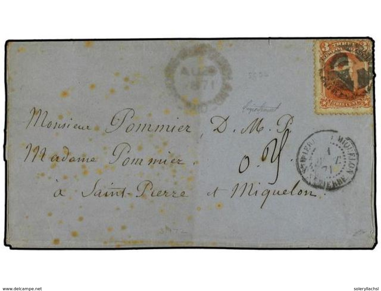 2766 SAN PEDRO Y MIQUELON. 1871 (Aug 29). ST. JOHN'S To ST. PIERRE MIQUELON. Cover To St. Pierre Miquelon Bearing Scarce - Other & Unclassified