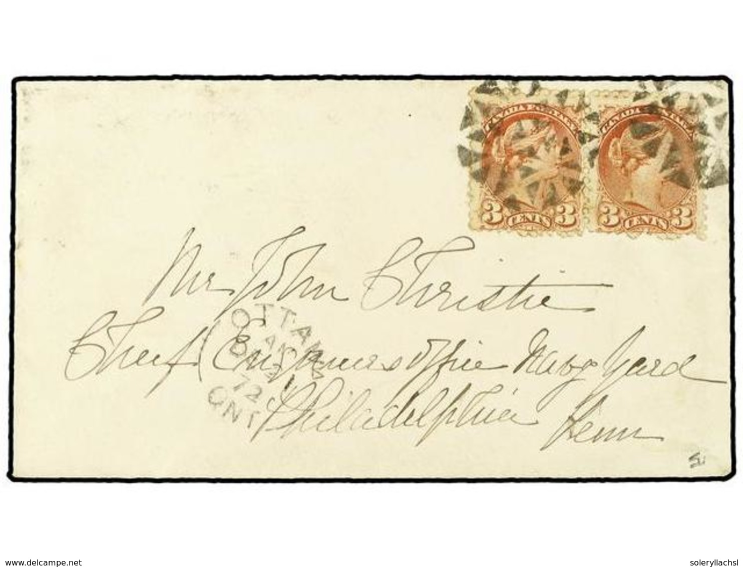 2767 CANADA. 1872 (Dec 21). Cover To Philadelphia Franked By Pair Of Small Queen 1868-90 <B>3c</B>. Brown-red Tied By Do - Sonstige & Ohne Zuordnung