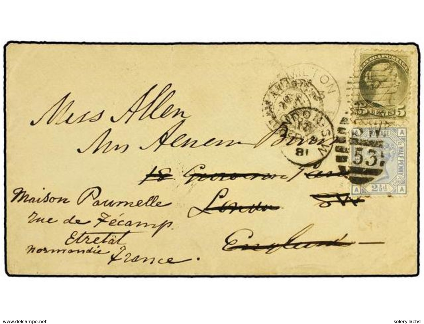 2769 CANADA. 1881 (Sept 3). Cover From HAMILTON To LONDON Franked By Small Queen <B>5c</B>. Slate Grey-green Tied By <B> - Sonstige & Ohne Zuordnung