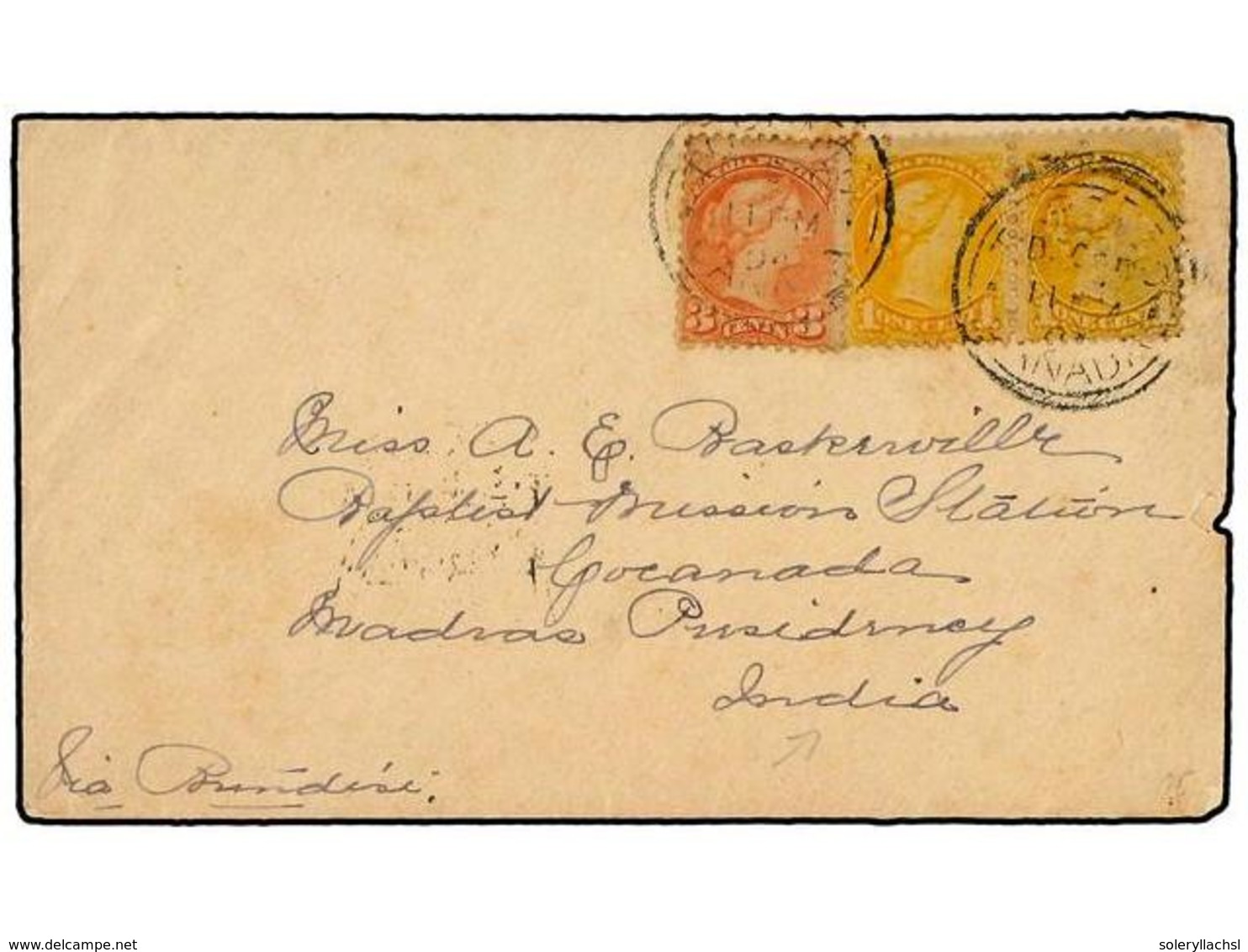 2771 CANADA. 1894 (Dec 11). Cover From TORONTO To MADRAS, India Franked By Small Queens <B>1 C.</B> Yellow Pair And Sing - Other & Unclassified