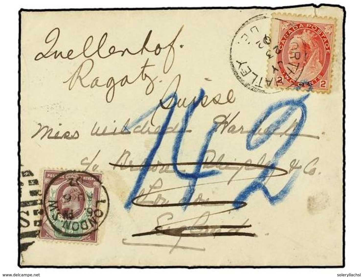 2774 CANADA. 1902. NORTH HATLEY To LONDON. <B>2 Cents</B> Red Redirected To SWITZERLAND With Great Britain <B>1 1/2 D. < - Otros & Sin Clasificación