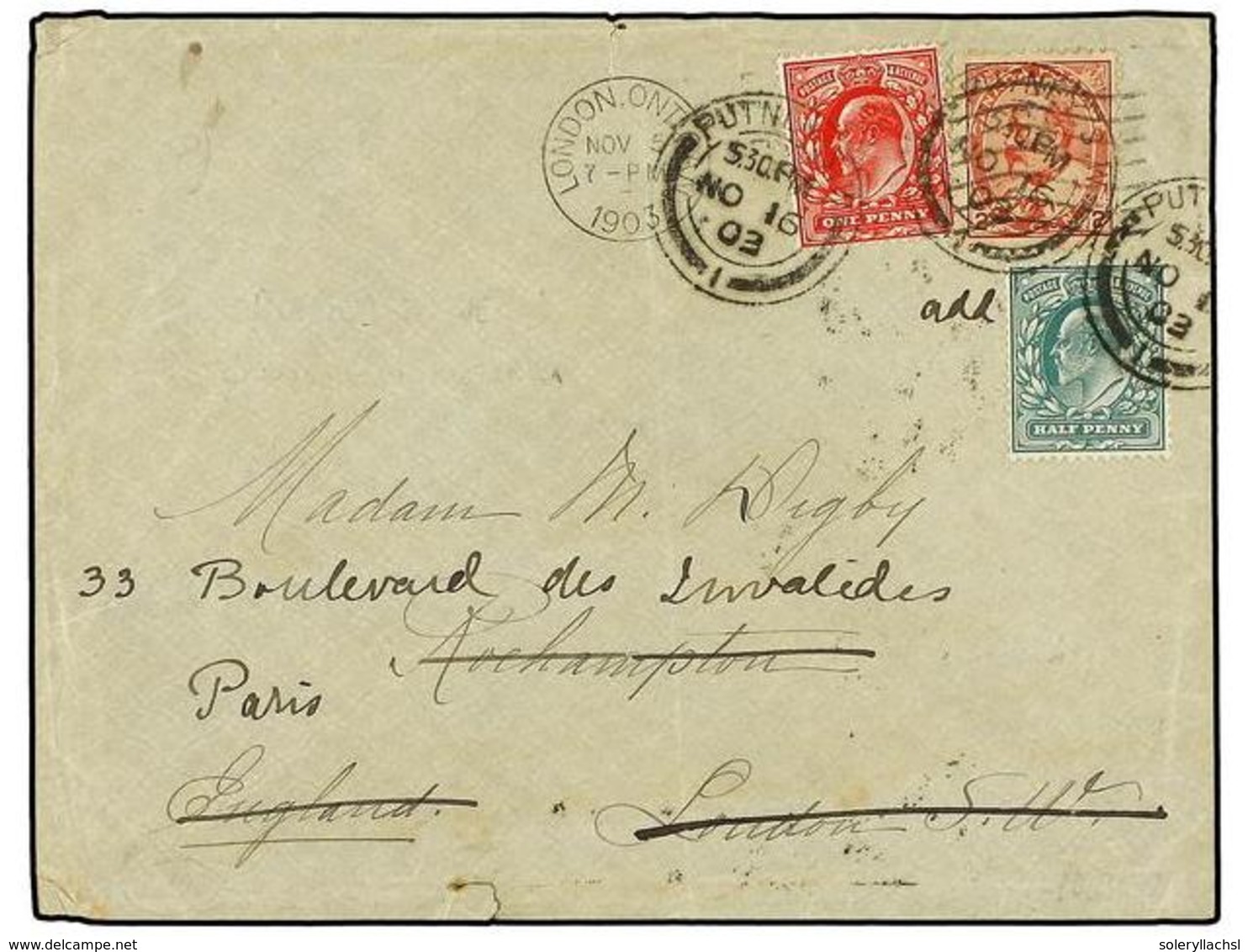 2775 CANADA. 1903. LONDON (Canada) To LONDON. <B>2 Cents</B> Red Redirected To PARIS With Great Britain <B>1/2 D.</B> Gr - Sonstige & Ohne Zuordnung