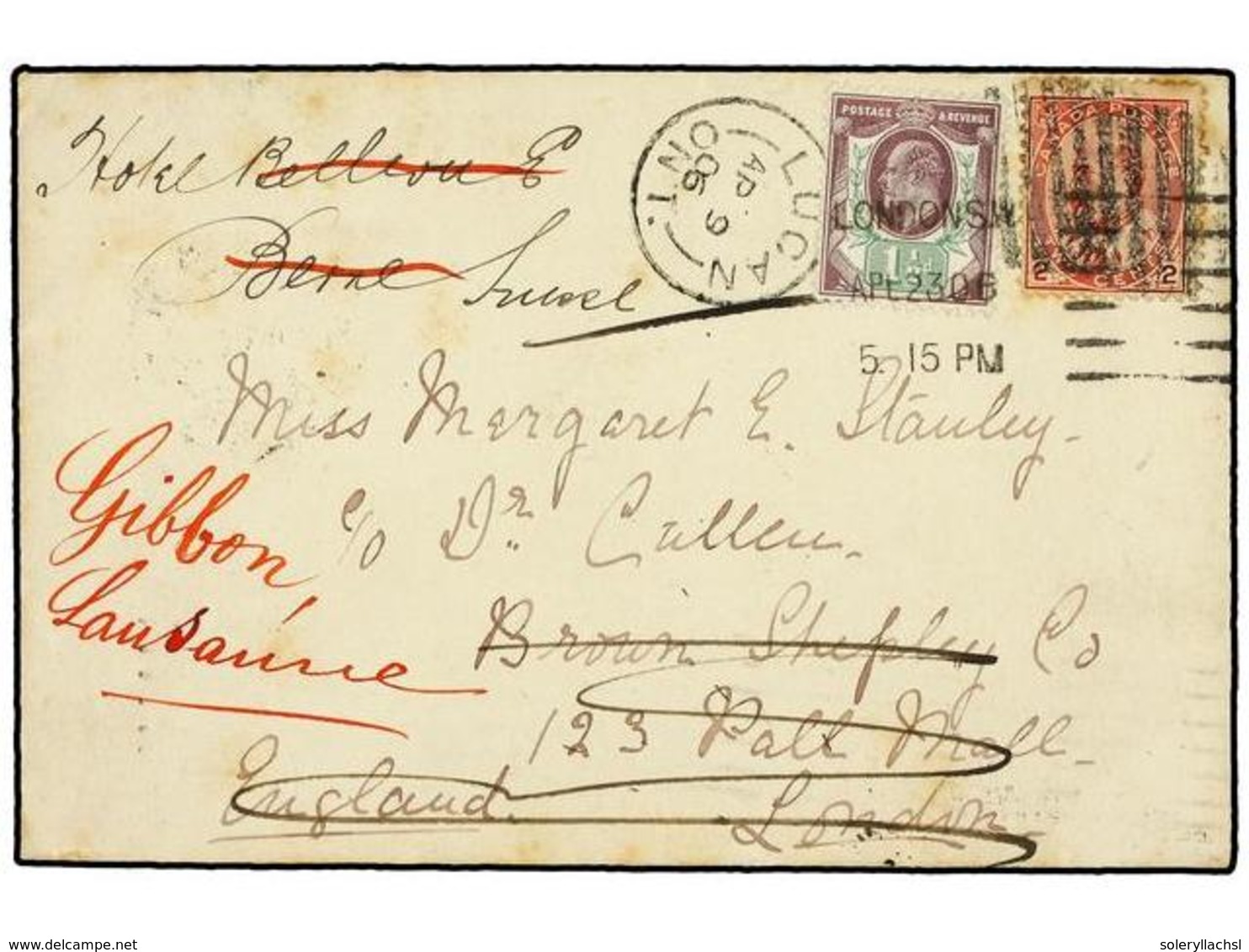 2776 CANADA. 1906. LUGAN To LONDON. <B>2 Cents</B> Red Redirected To SWITZERLAND With Great Britain <B>1 1/2 D.</B> Stam - Other & Unclassified