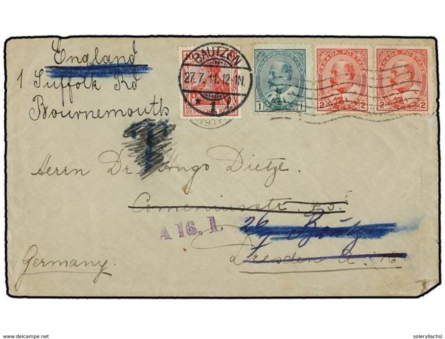 2778 CANADA. Sg.175, 176. 1911 (July). Cover From MONTREAL To DRESDEN Franked By 1902-10 <B>1c.</B> Green And Pair Of <B - Otros & Sin Clasificación