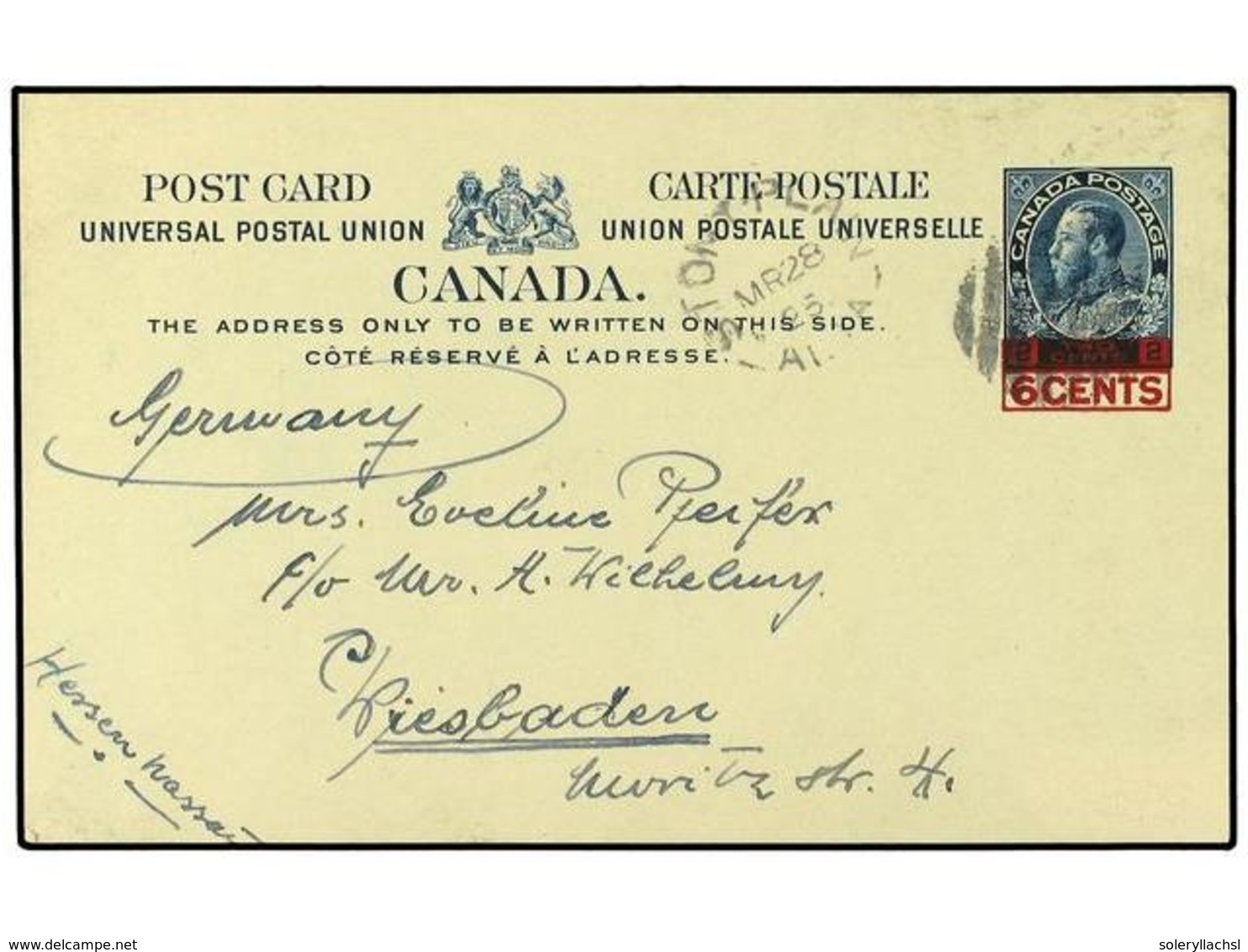 2779 CANADA. 1925. <B>2c.</B> Postal Stationery Card Surcharged <B>'6 Cents'</B> In Red, Cancelled Barred Oval Of Stony  - Sonstige & Ohne Zuordnung