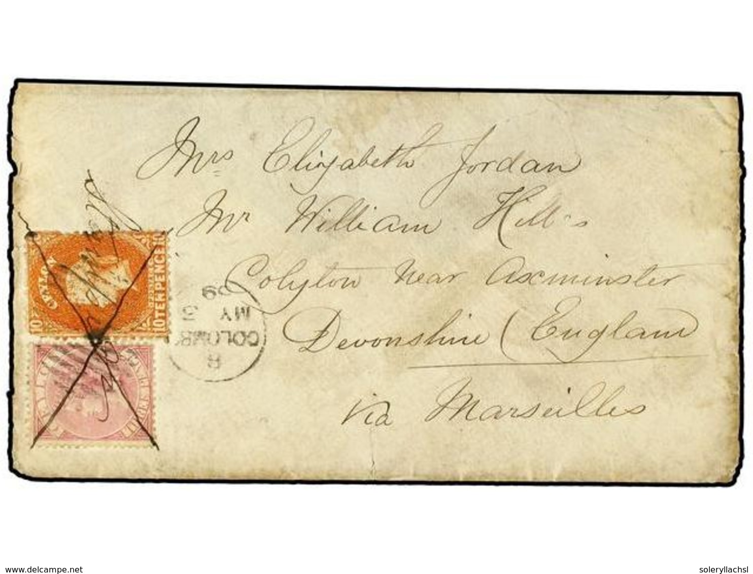 2780 CEILAN. Sg.58,60. 1869. COLOMBO A GRAN BRETAÑA. <B>3 P.</B> Rosa<B> </B>y<B> 10 P.</B> Naranja. Rara Combinación Pa - Other & Unclassified