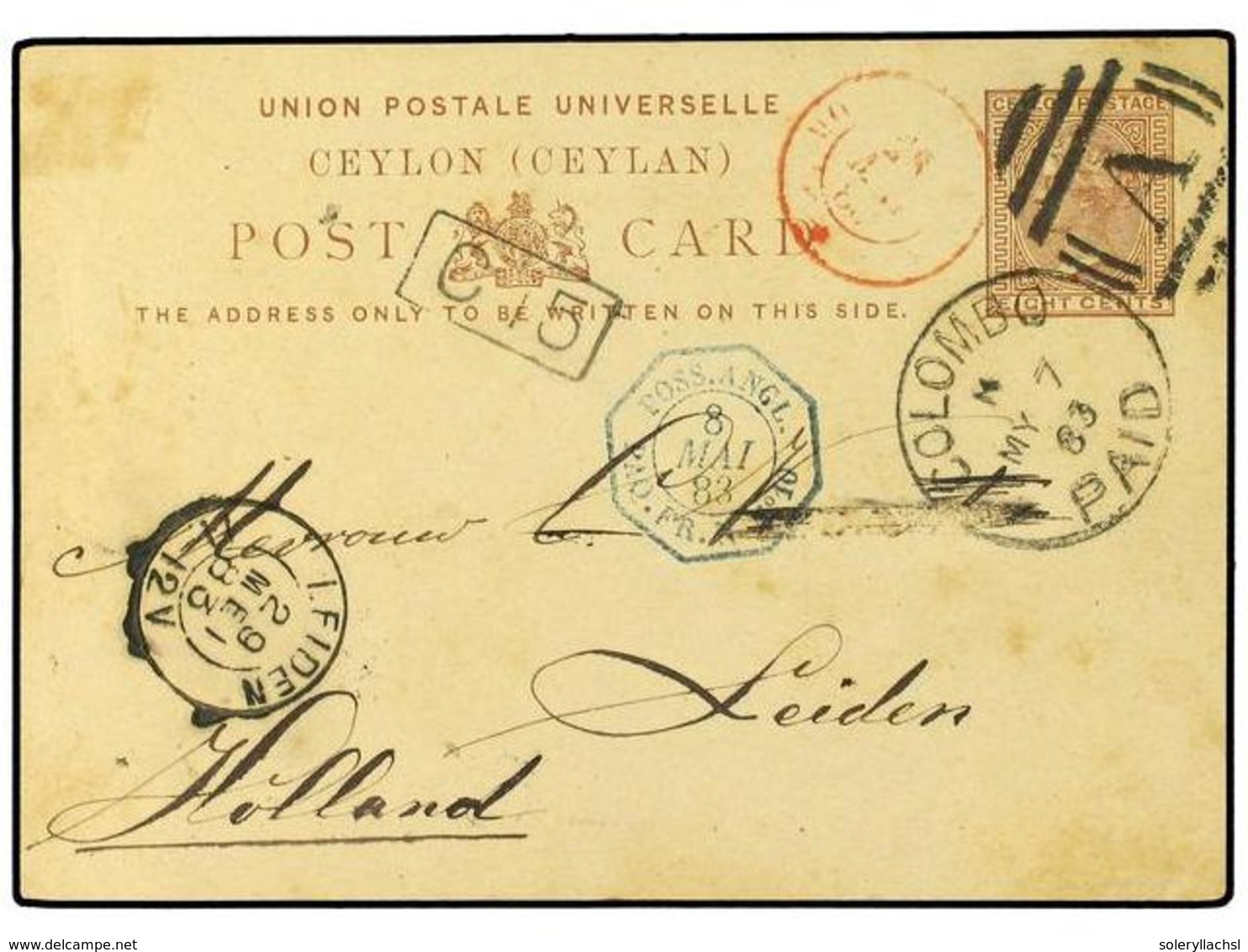 2781 CEILAN. 1883. Postal Stationary Card<B> 8 Cents</B> Brown Cancelled By <B>COLOMBO PAID </B>duplex Addressed To Holl - Other & Unclassified