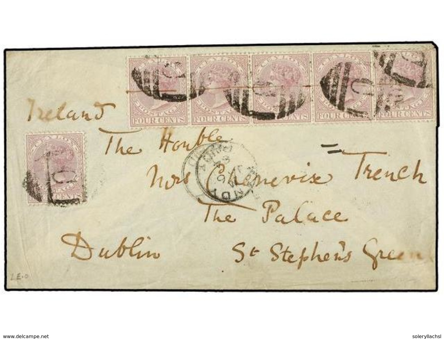 2782 CEILAN. Sg.123 (6). 1884. KAMDY To DUBLIN. <B>4 Cents.</B> (6) Mauve. Arrival Cds. On Back. - Other & Unclassified