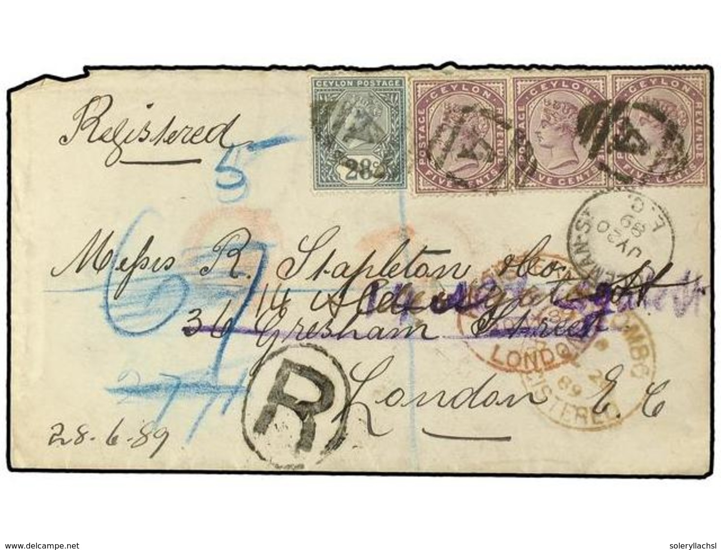 2784 CEILAN. 1889. COLOMBO A LONDRES. <B>5 Cts.</B> Lila (3) Y <B>28 Cts.</B> Gris Carta Certificada. Magnífico Franqueo - Other & Unclassified