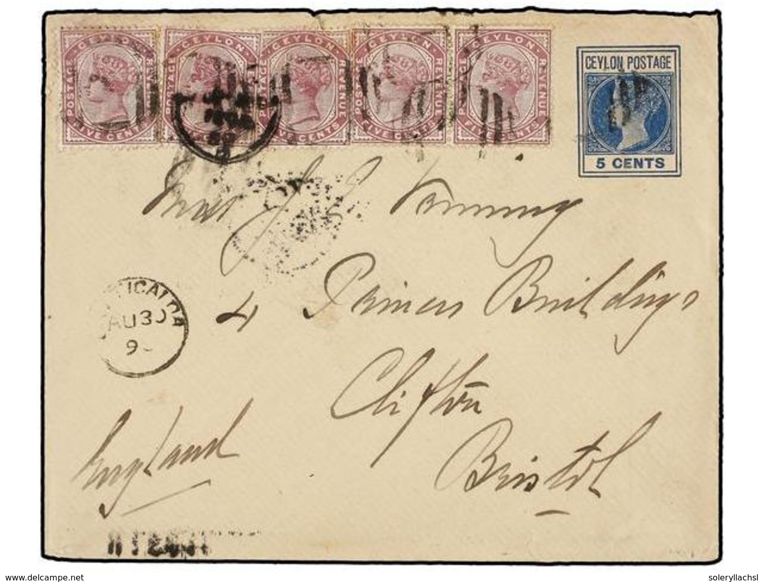 2785 CEILAN. 1896. CEYLON To ENGLAND. <B>5 Cents.</B> Postal Stationary Envelope Uprated With Five <B>5 Cents.</B> Stamp - Sonstige & Ohne Zuordnung