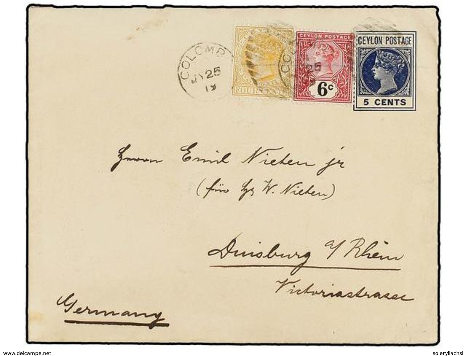 2786 CEILAN. 1900. COLOMBO To ALEMANIA. <B>5 Cents.</B> Postal Stationary Envelope Uprated With <B>4 Cents.</B> And<B> 6 - Other & Unclassified
