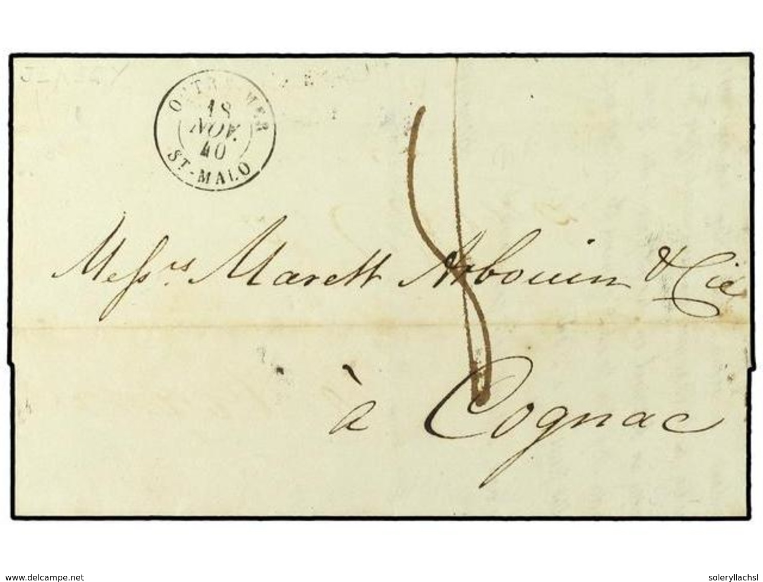 2787 GRAN BRETAÑA. 1840. <B>CANNEL ISLANDS. </B>JERSEY A COGNAC. Fechador De Entrada <B>OUTRE-MER/ST. MALO</B> (Salles 1 - Other & Unclassified