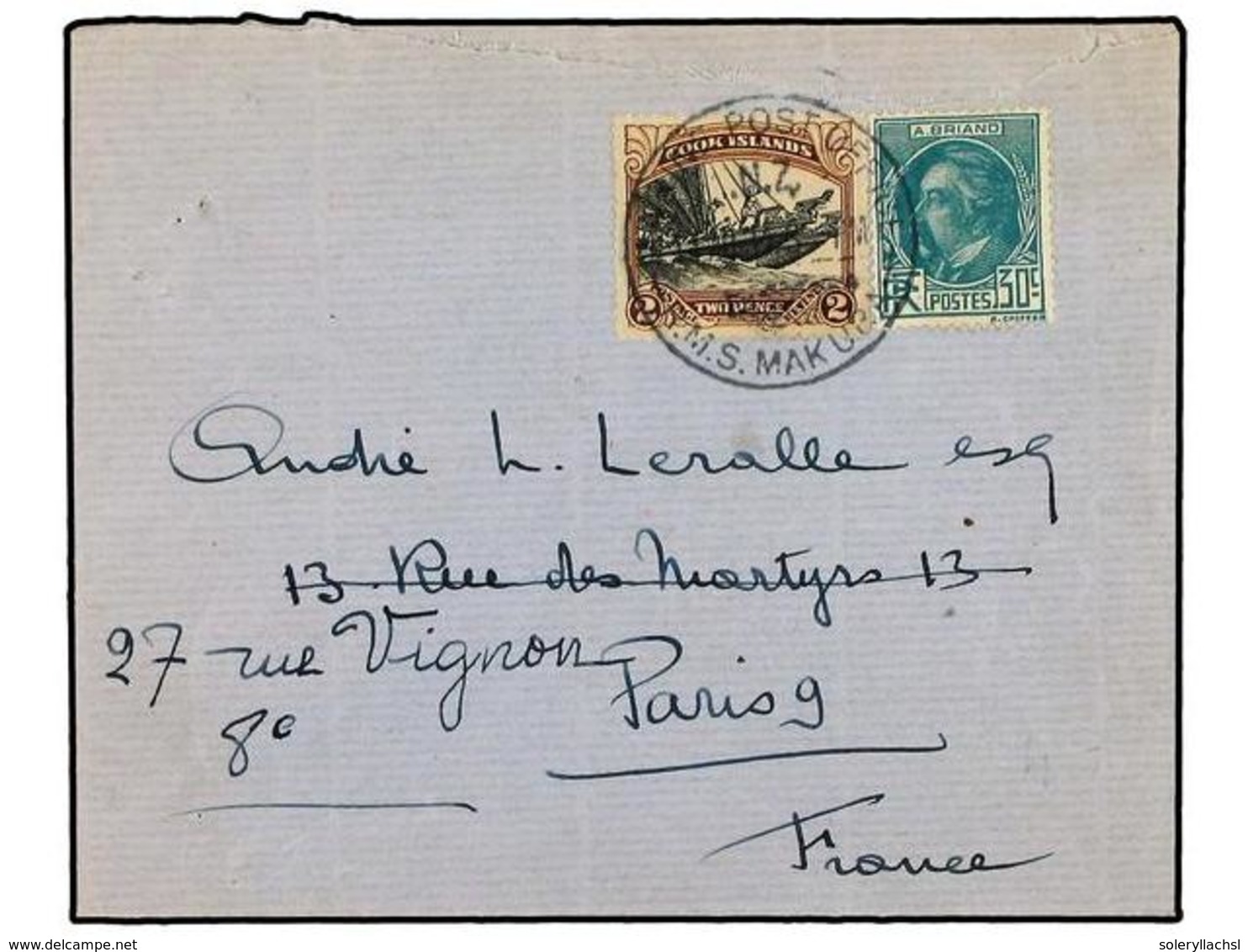 2789 COOK. 1936. Cover To FRANCE Bearing France Briand <B>30 C.</B> Turquoise And Cook Island <B>2 D.</B> Black And Brow - Sonstige & Ohne Zuordnung
