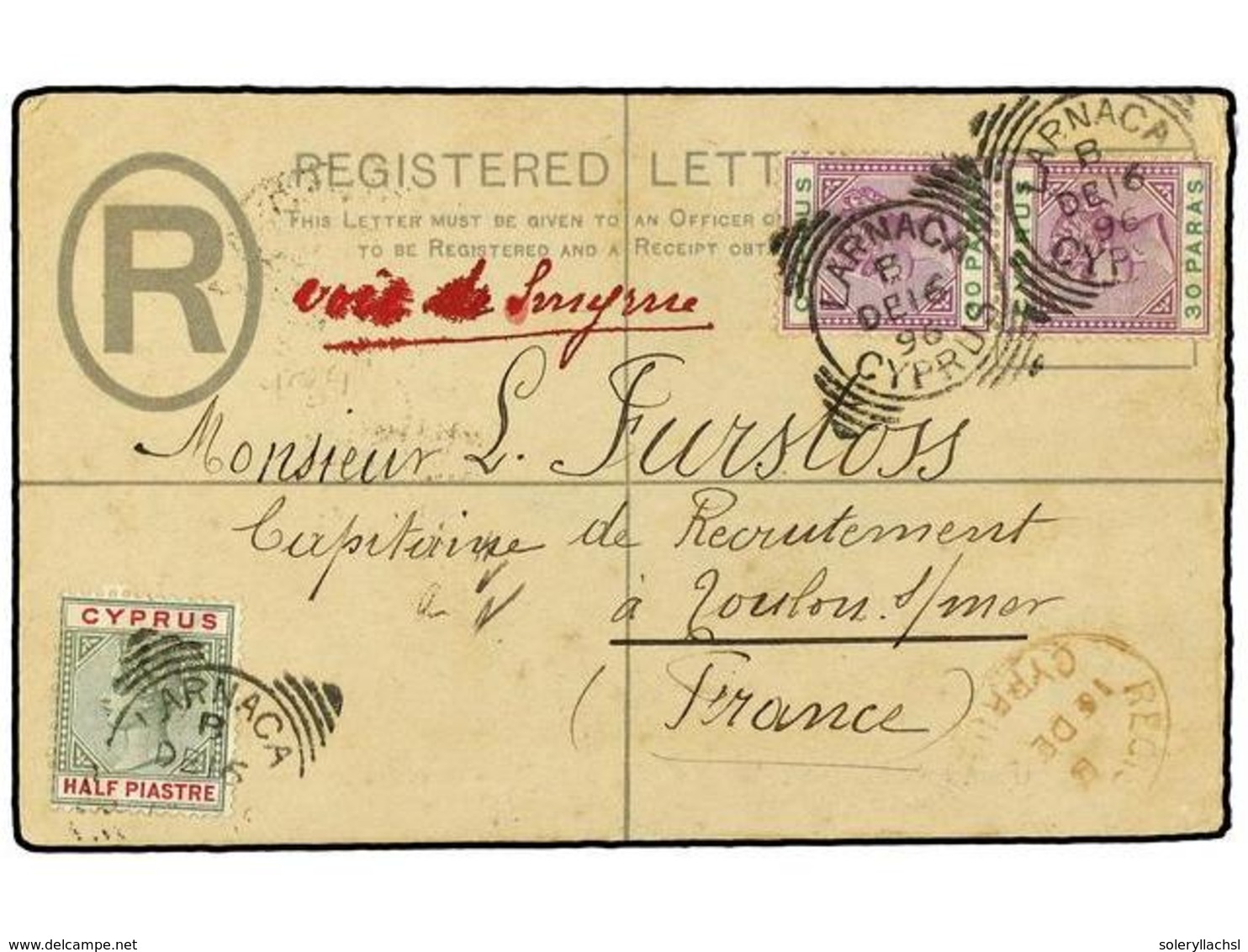 2791 CHIPRE. 1896. LARNACA A FRANCIA. Entero Postal De Certificados De <B>2 Pi.</B> Azul Con Franqueo Complementario De  - Sonstige & Ohne Zuordnung