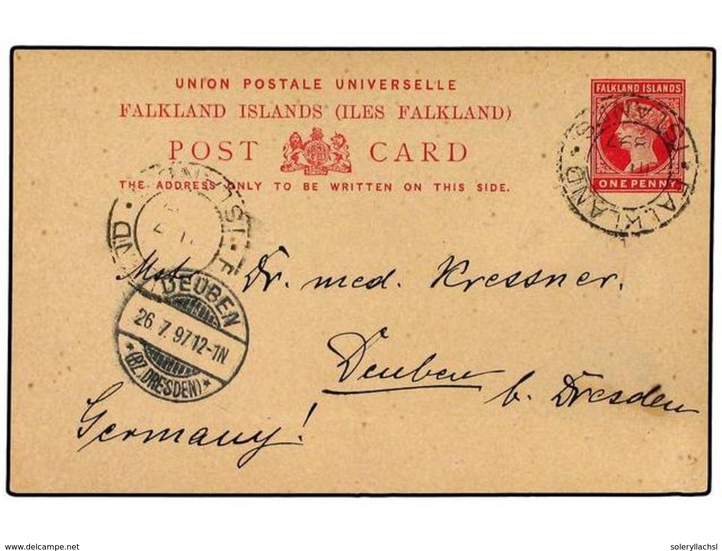 2795 FALKLAND. 1897. <B>1 D.</B> Postal Stationery Card Used To GERMANY Cancelled By The <B>FALKLAND ISLANDS</B> Cds. - Sonstige & Ohne Zuordnung