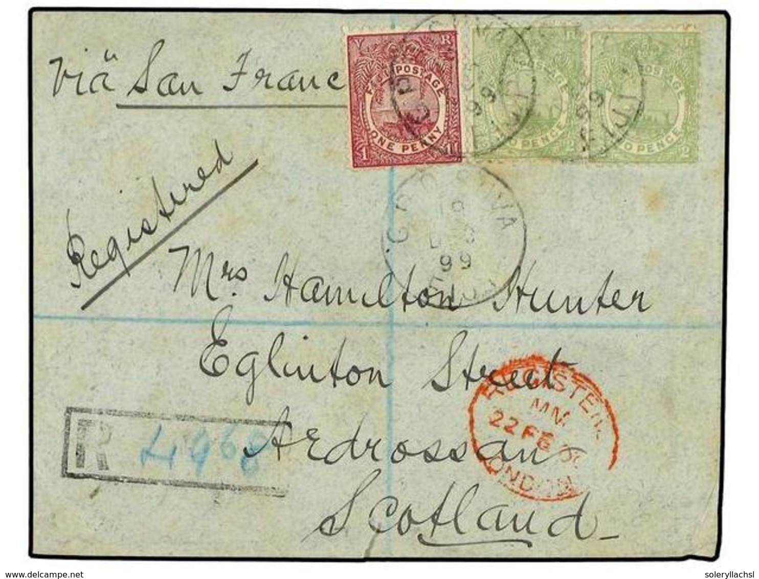 2797 FIJI. 1899. Registered Cover To SCOTLAND Franked By 1891-1899 Per Ff <B>1 D.</B> Rosy Mauve And 2x <B>2 D.</B> Pale - Sonstige & Ohne Zuordnung