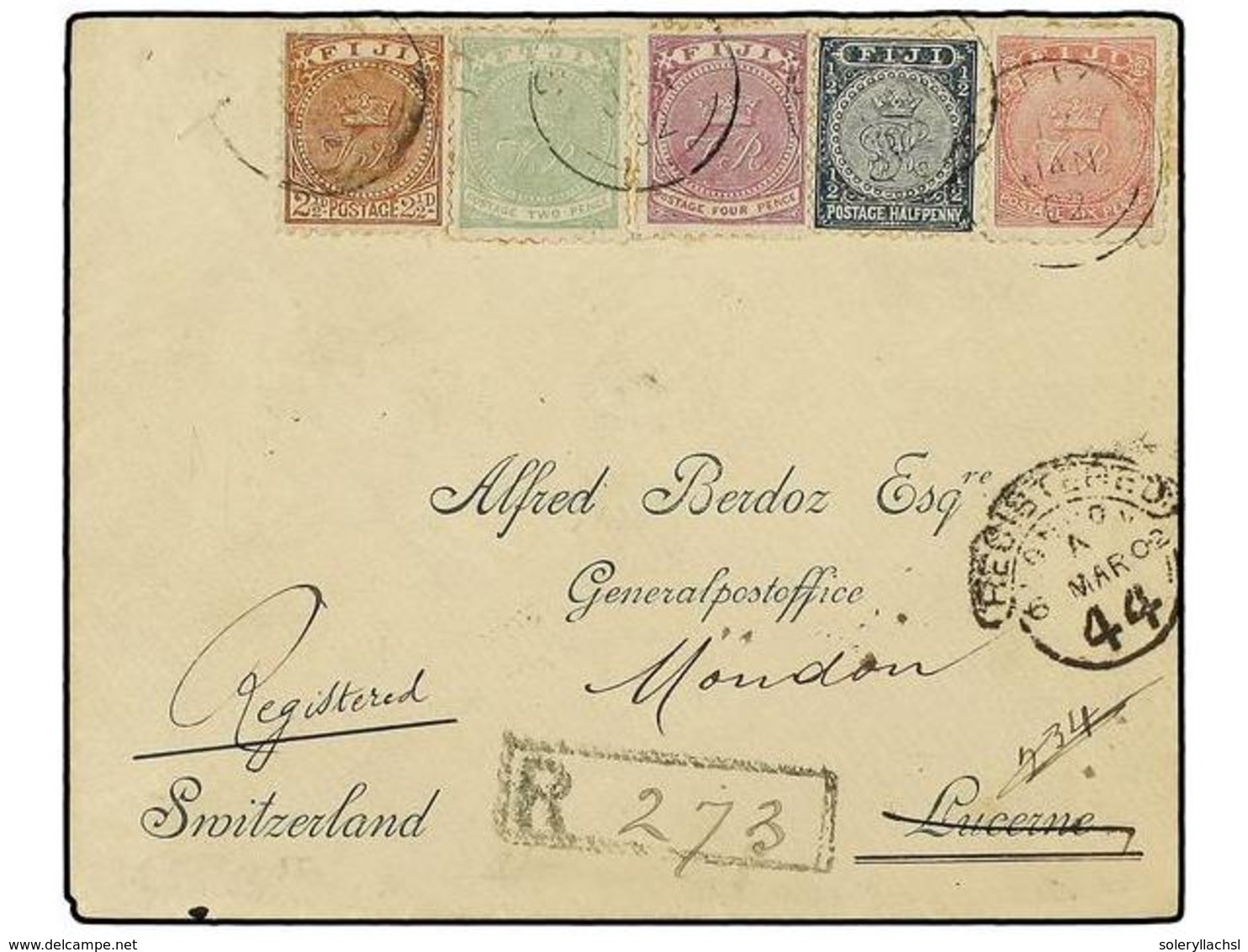 2798 FIJI. Sg.40, 55, 56, 99, 103. 1902. FIJI To SWITZERLAND.<B> 1/2 P.</B> Grey,<B> 2 P.</B> Green, <B>2 1/2</B> P. Bro - Sonstige & Ohne Zuordnung