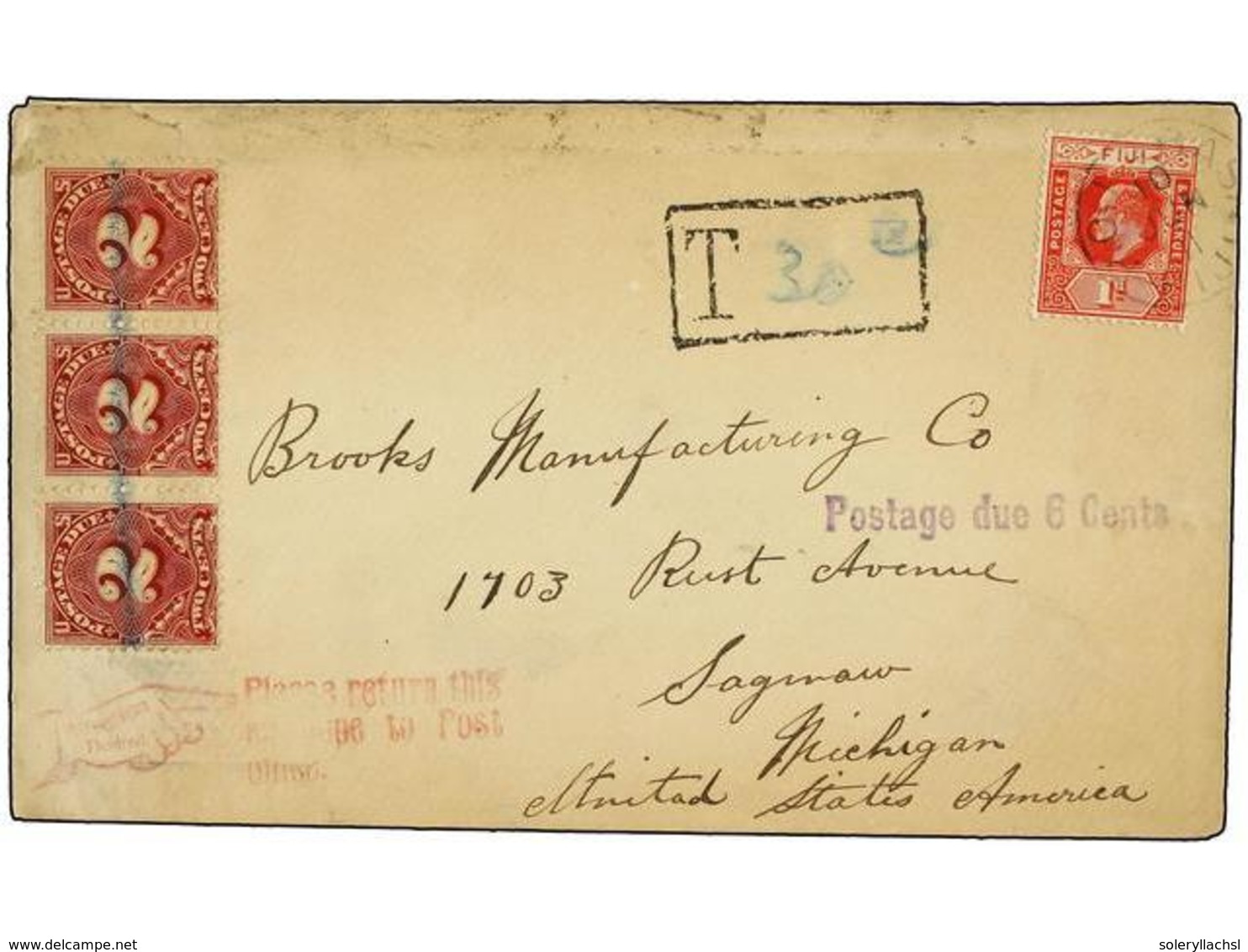 2799 FIJI. 1911. LABASA To U.S.A. <B>1 P.</B> Red, Taxed On Arrival With Three U.S. <B>2 Cents </B>stamps. - Sonstige & Ohne Zuordnung