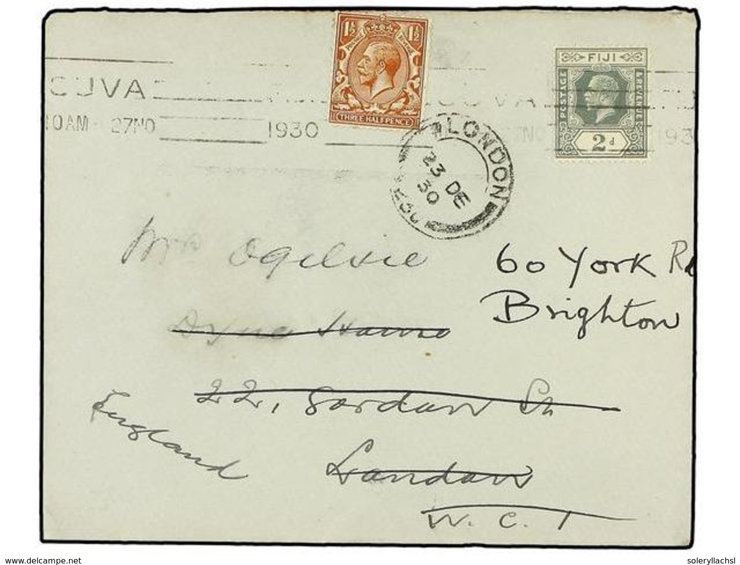 2800 FIJI. 1930. TOUVA To LONDON. <B>2 D.</B> Grey Redirected To BRIGHTON With British <B>1 1/2 D.</B> Brown Stamp. - Sonstige & Ohne Zuordnung