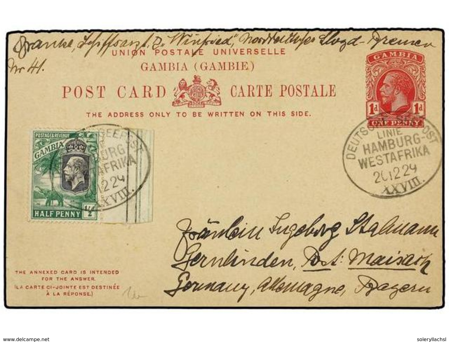 2803 GAMBIA. 1929. SASSANDRA (Ivory Coast) To GERMANY. Gambia Postal Stationery Card Of <B>1 P.</B> Red Uprated <B>1/2 R - Sonstige & Ohne Zuordnung