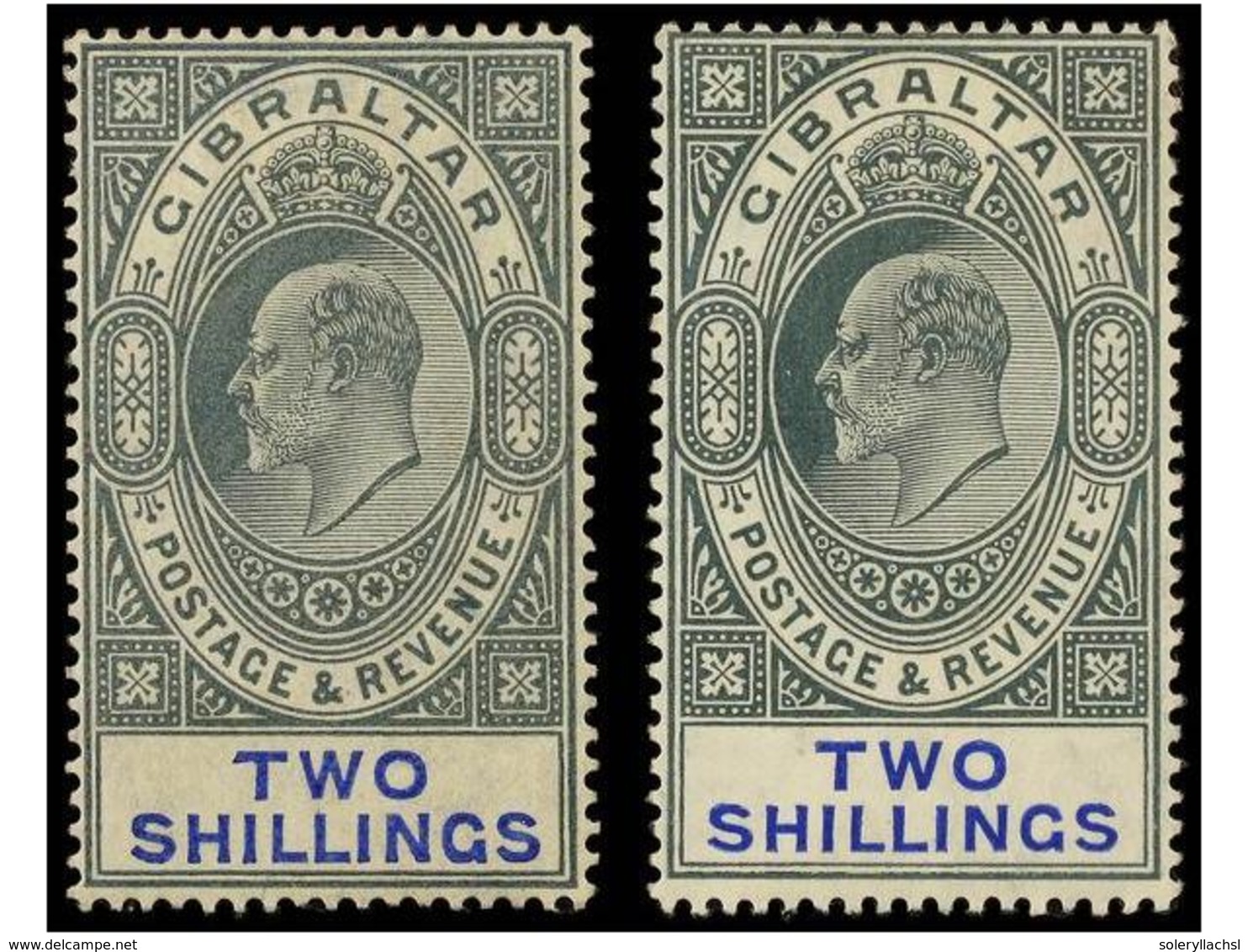 2807 * GIBRALTAR. Sg.62/62a. 1904-08. <B>2 Sh.</B> Green And Blue, 2 Stamps Light Hinged. Stanley Gibbons.220£. - Other & Unclassified