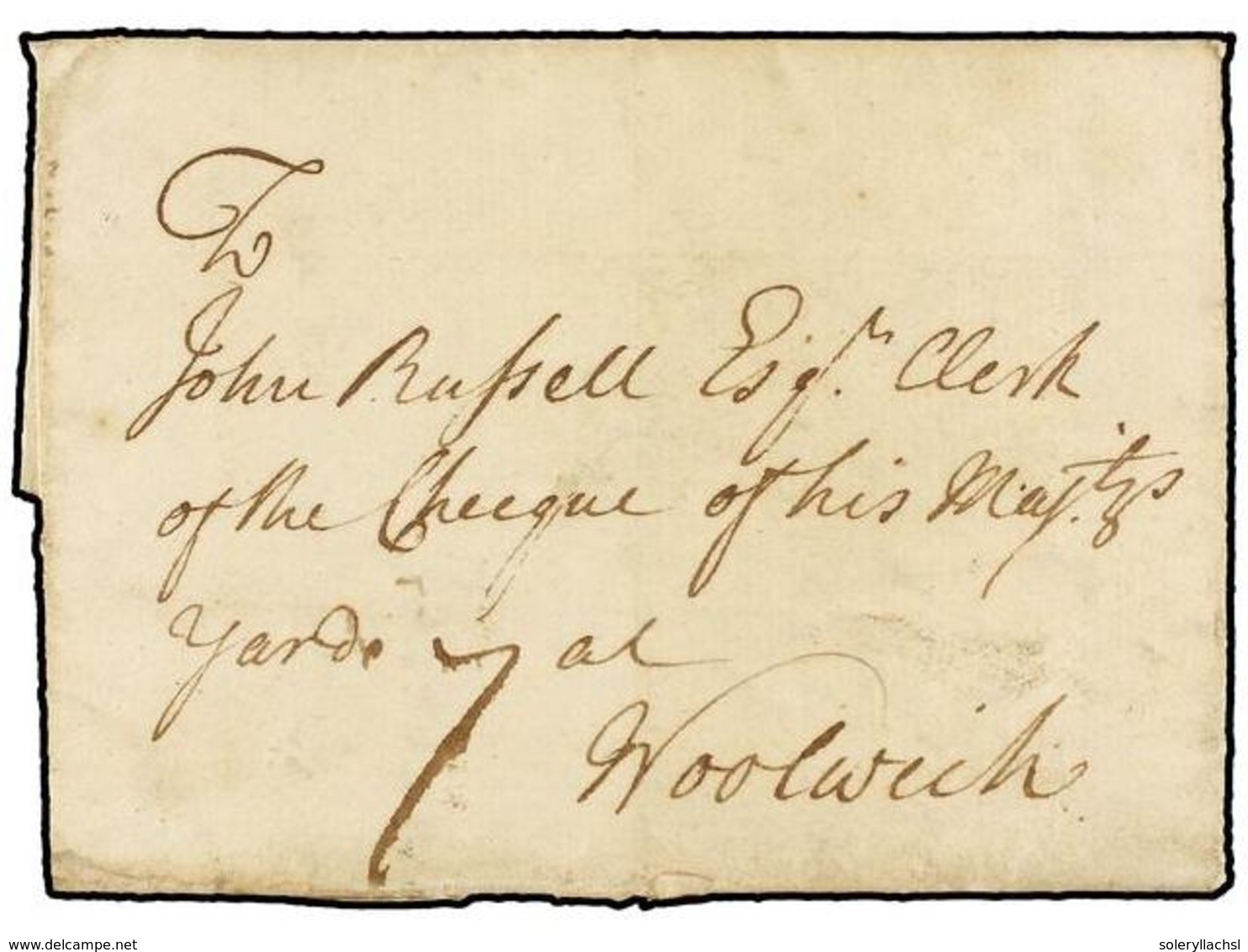 2812 GIBRALTAR. 1734. GIBRALTAR To WOOLWICH. Entire Letter With London <B>BISHOP</B> Mark, Charged <B>'7'</B>. A Very Ea - Sonstige & Ohne Zuordnung