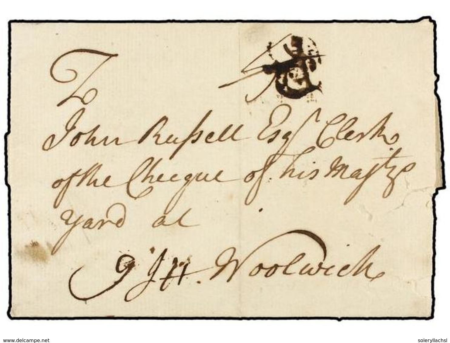2813 GIBRALTAR. 1734. GIBRALTAR To WOOLWICH. Entire Letter With London <B>BISHOP</B> Mark. Charge <B>'9'</B> And <B>Crow - Sonstige & Ohne Zuordnung