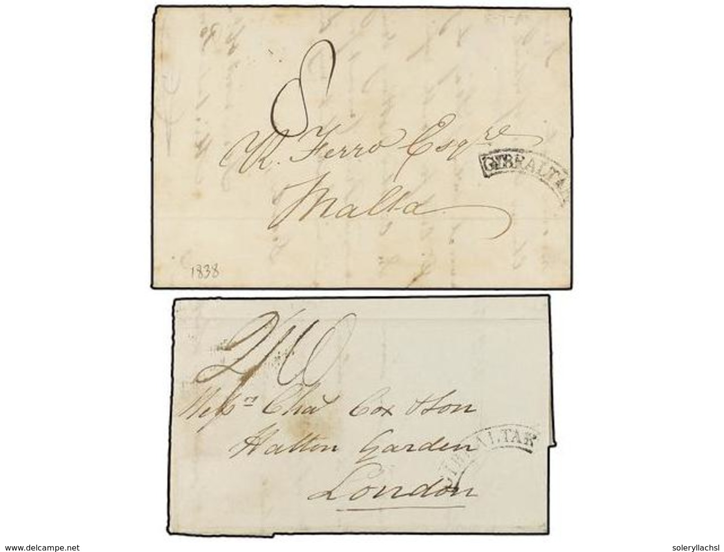 2826 GIBRALTAR. 1834-38. TWO Entire Letters To LONDON And MALTA With Black <B>GIBRALTAR</B> Arc Mark. - Sonstige & Ohne Zuordnung