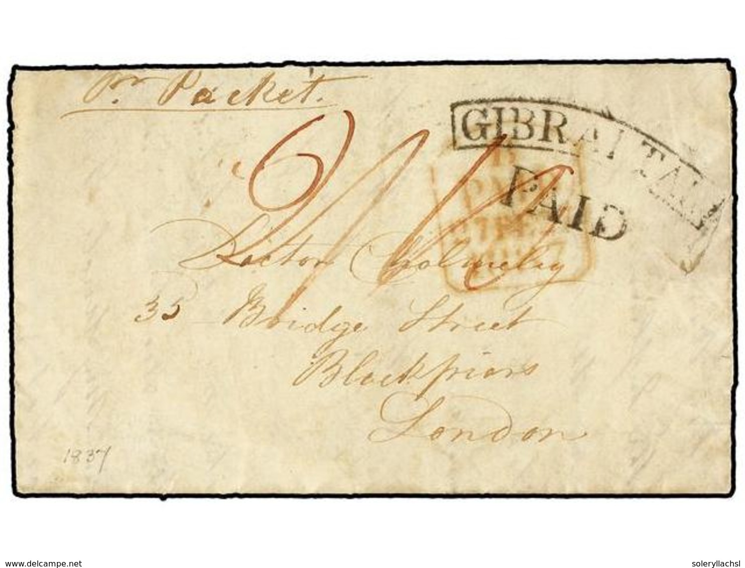 2827 GIBRALTAR. 1837. GIBRALTAR To LONDON. Entire Letter With Black <B>GIBRALTAR/PAID</B>. Fine. - Sonstige & Ohne Zuordnung