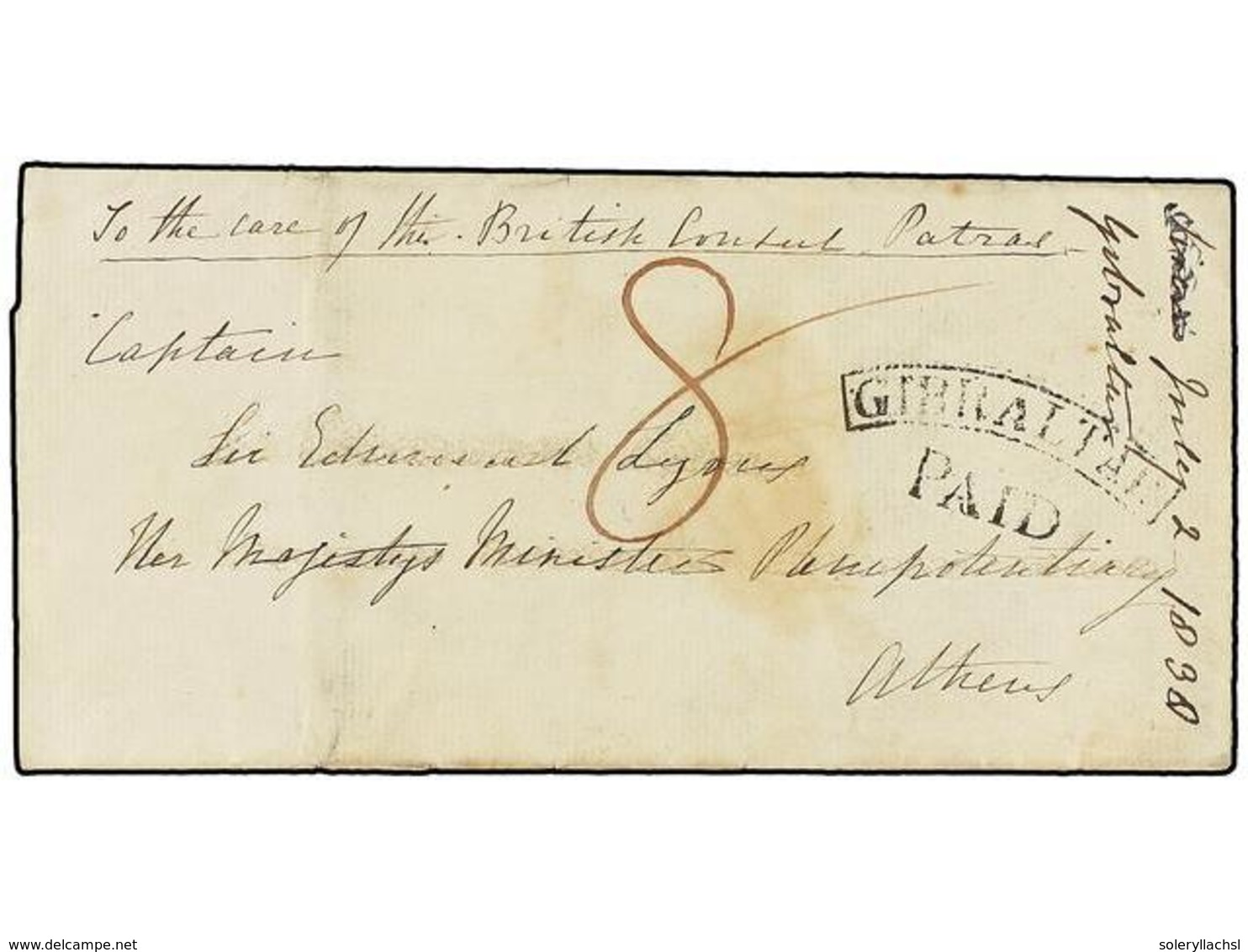 2828 GIBRALTAR. 1838. GIBRALTAR To ATHENS. Wrapper (side Flap Removed) To 'Captain Sir Edmund Lyons...' (the Name Has Be - Sonstige & Ohne Zuordnung