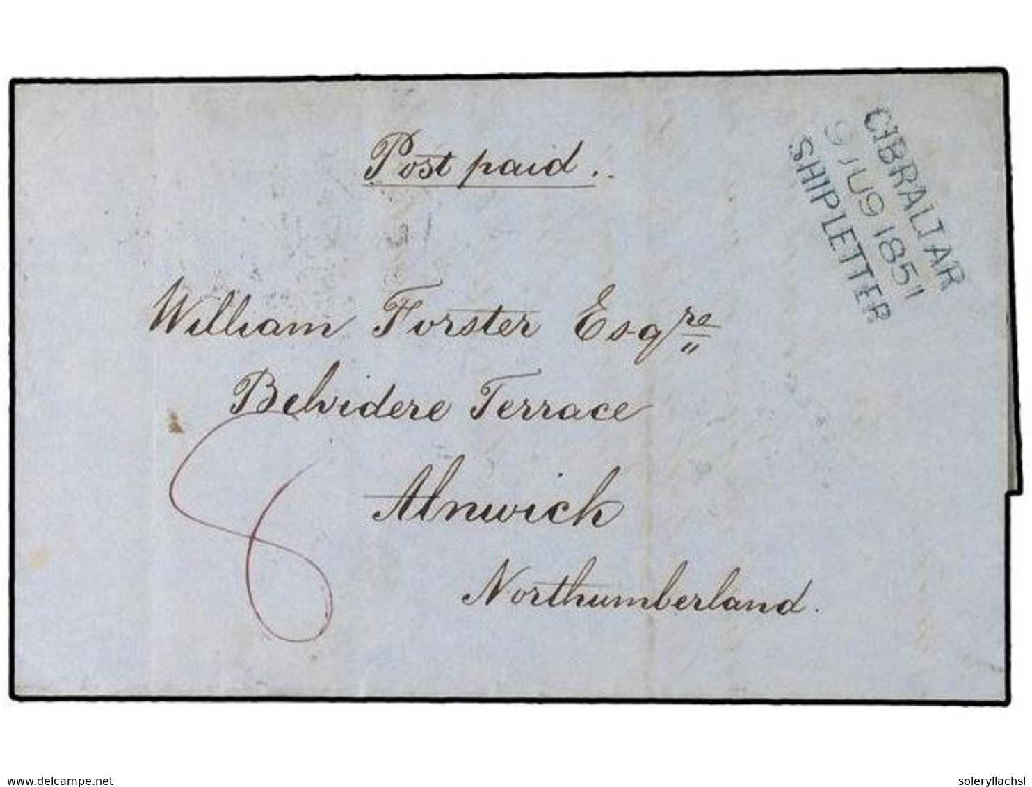2834 GIBRALTAR. 1851 (June 9). Outer Letter Sheet To Alnwick, Northumberland With Fine Strike Of Three Line Dated <B>'GI - Sonstige & Ohne Zuordnung