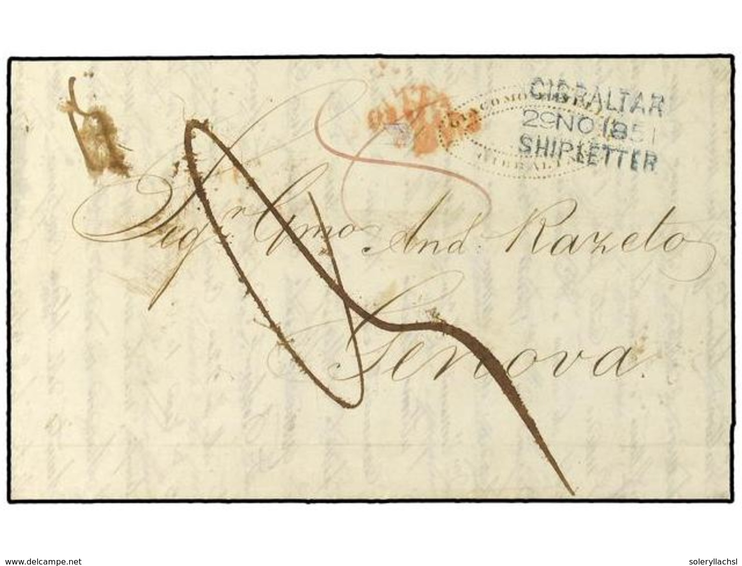 2835 GIBRALTAR. 1851 (Nov 29). Entire Letter To Genoa With Superb Strike Of Three Line Dated <B>'GIBRALTAR/SHIP LETTER'< - Sonstige & Ohne Zuordnung