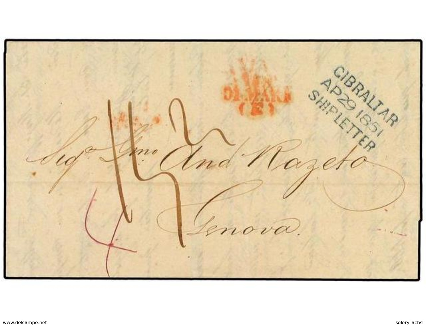 2836 GIBRALTAR. 1851(April 25). Entire Letter To Genoa, Prepaid 4d In Red Manuscript, With Superb Strike Of Three Line D - Other & Unclassified