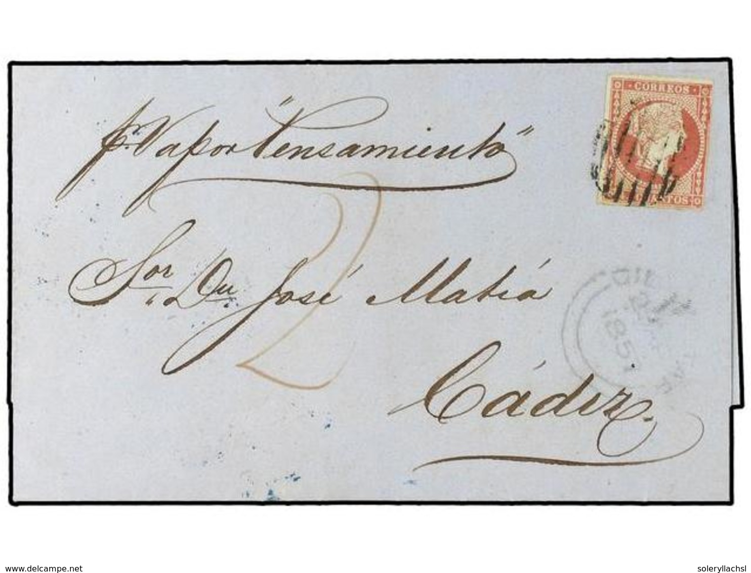 2838 GIBRALTAR. 1857 (April 22). Mixed Franking. Cover To Cadiz Endorsed 'por Vapor Pansamiento' And Prepaid '2d.' In Re - Other & Unclassified