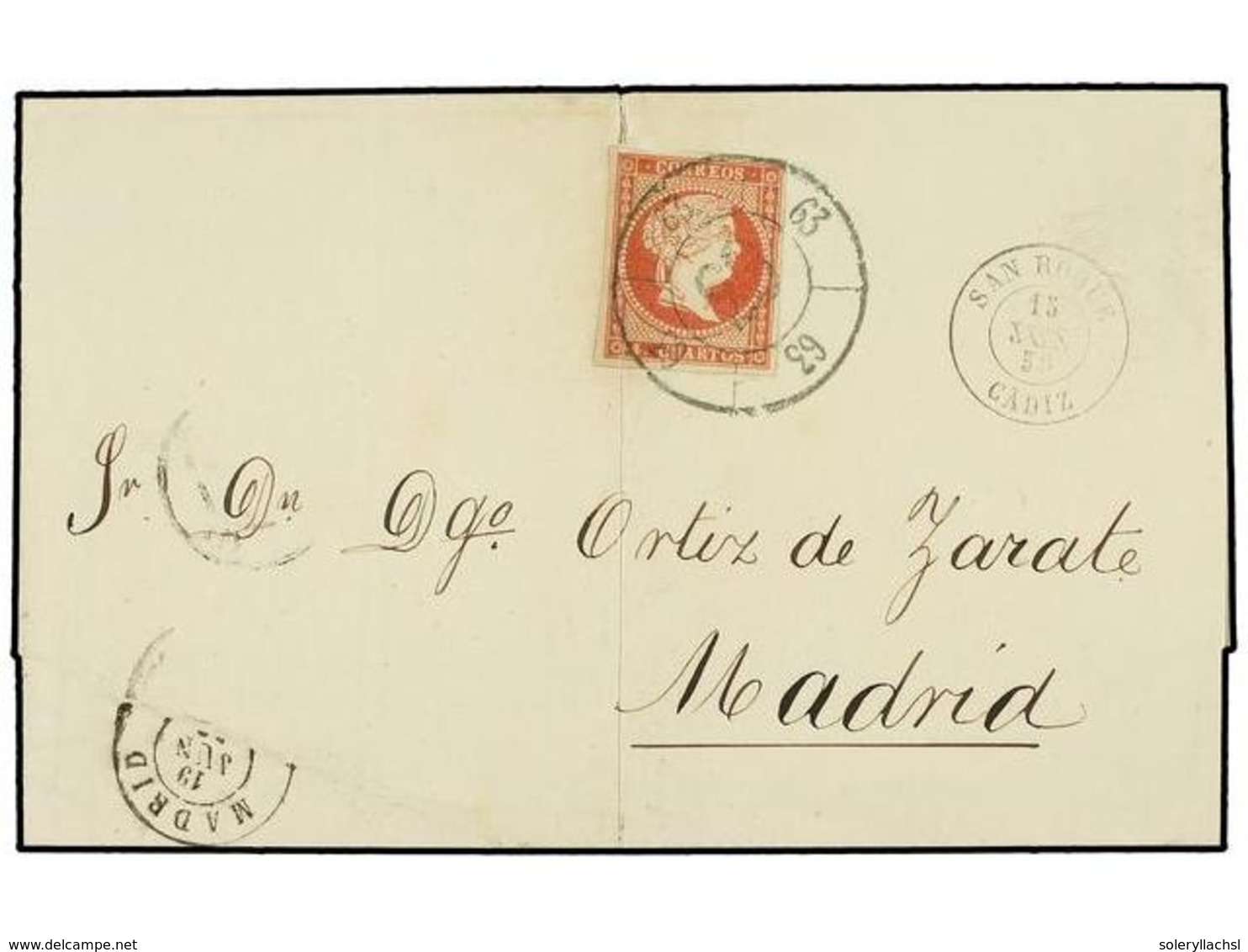 2843 GIBRALTAR. 1859. Envuelta Circulada A MADRID. <B>4 Cuartos</B> Rojo, Mat. <B>R.C. 63</B> En Azul Verdoso Fechador D - Sonstige & Ohne Zuordnung