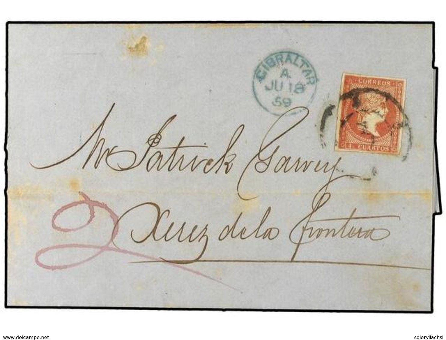 2844 GIBRALTAR. 1859 (June 18). Mixed Franking. Cover From Gibraltar To Jerez La Frontera With Manuscript '2d.' In Red P - Sonstige & Ohne Zuordnung