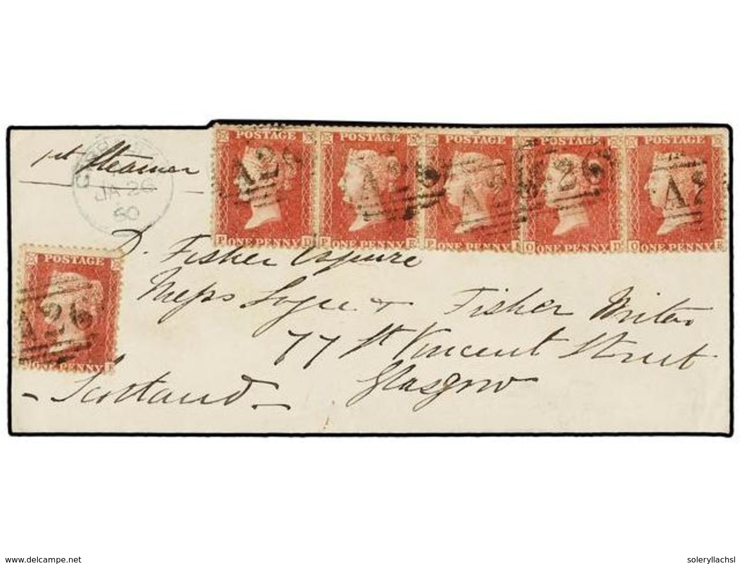 2845 GIBRALTAR. 1860. GIBRALTAR To GLASGOW. Envelope Franked With Six <B>1d.</B> Red Stamps Tied By <B>A26</B> Cancel An - Sonstige & Ohne Zuordnung