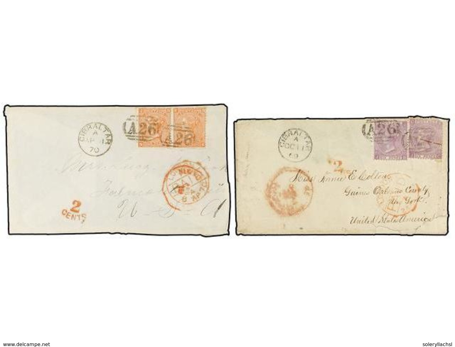 2851 GIBRALTAR. 1869-70. Two Envelopes From GIBRALTAR To U.S.A. Franked With <B>4 D. + 4 D.</B> And <B>6 D. + 6 D.</B> S - Other & Unclassified