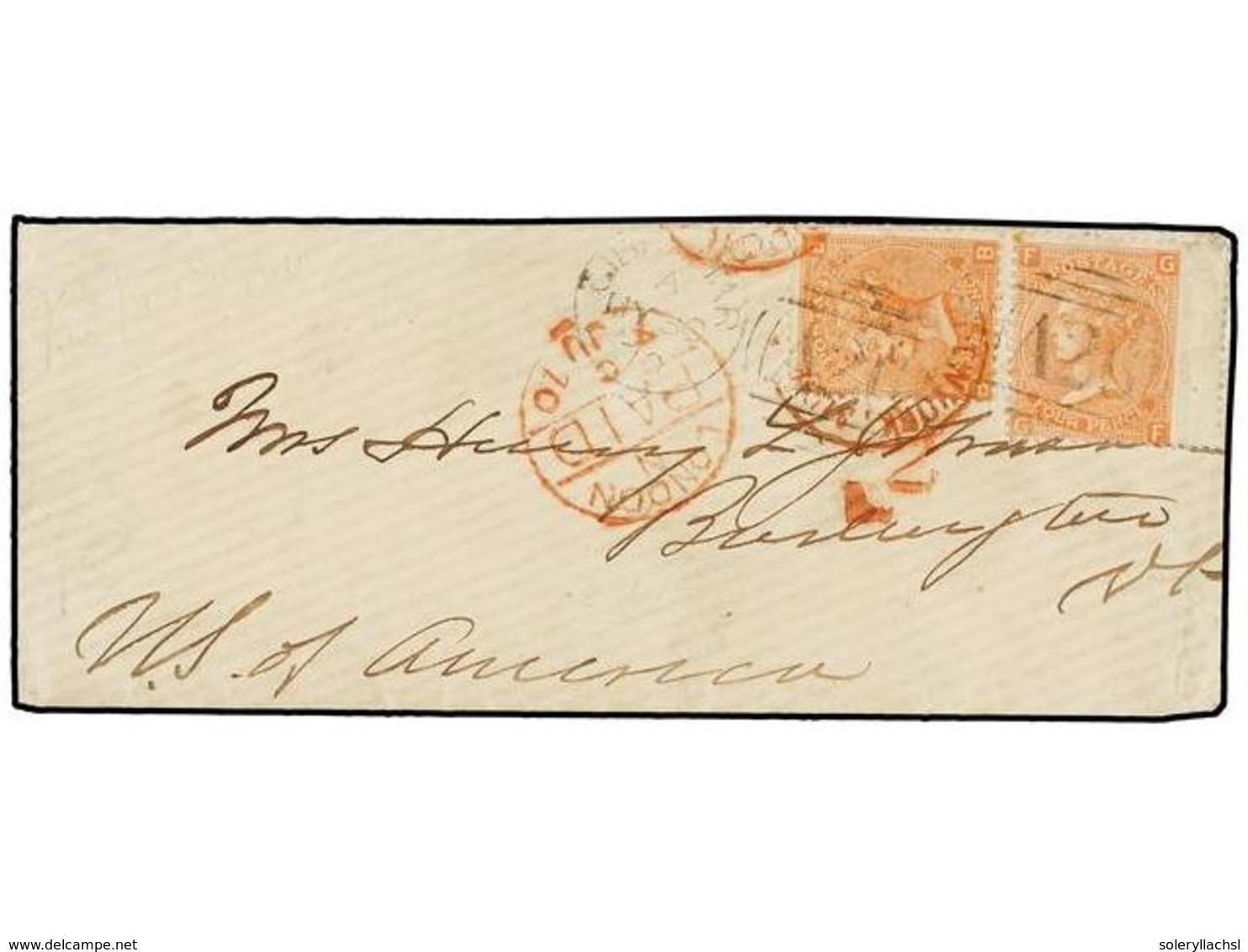 2853 GIBRALTAR. 1870. GIBRALTAR To USA. Envelope Franked With Two GB <B>4 D.</B> Orange (pl. 11) Cancelled By Duplex <B> - Sonstige & Ohne Zuordnung