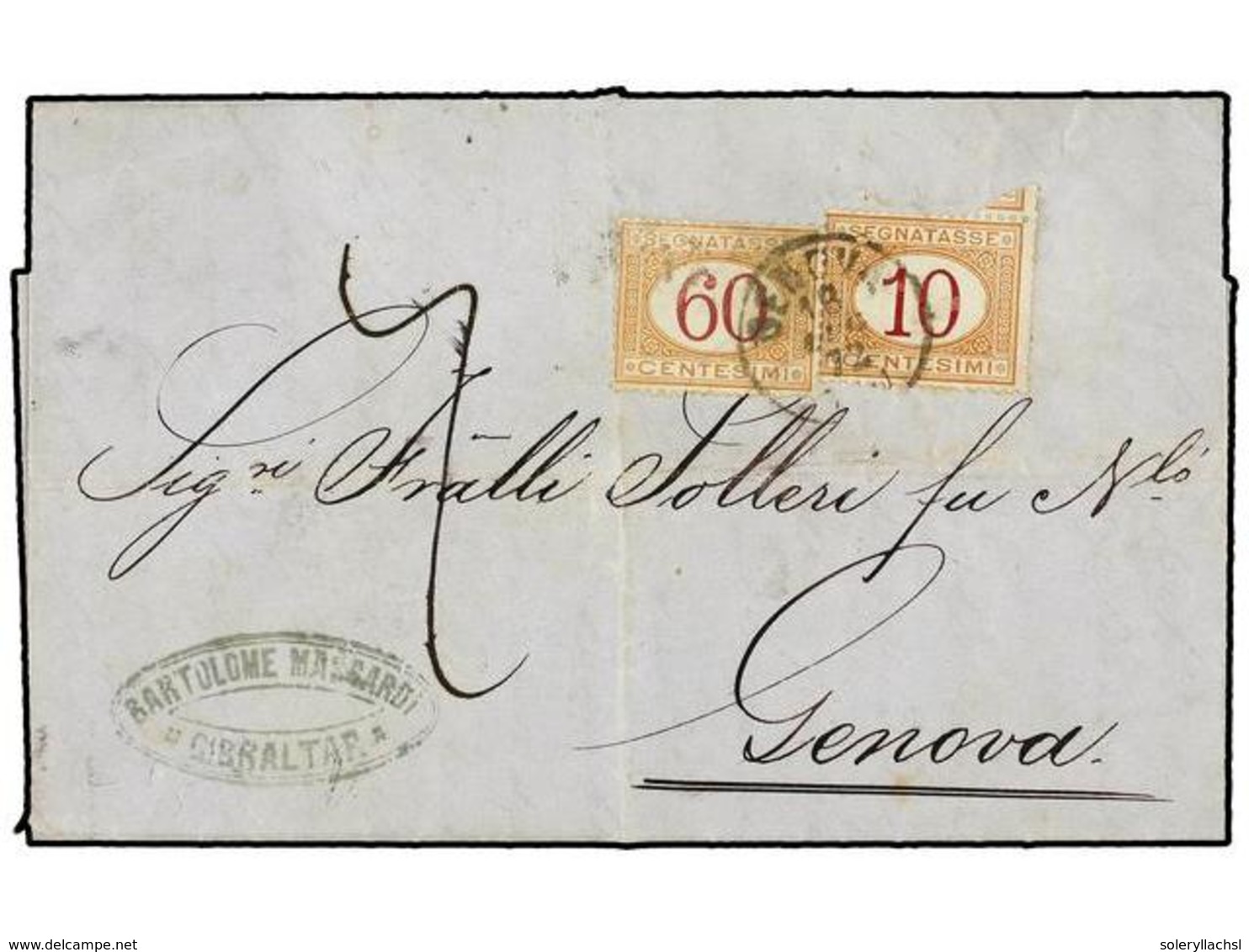 2856 GIBRALTAR. 1872. GIBRALTAR To GENOVA. Entire Letter Sent Unpaid, Charged On Arrival <B>'7'</B> Decimals, Paid With  - Sonstige & Ohne Zuordnung