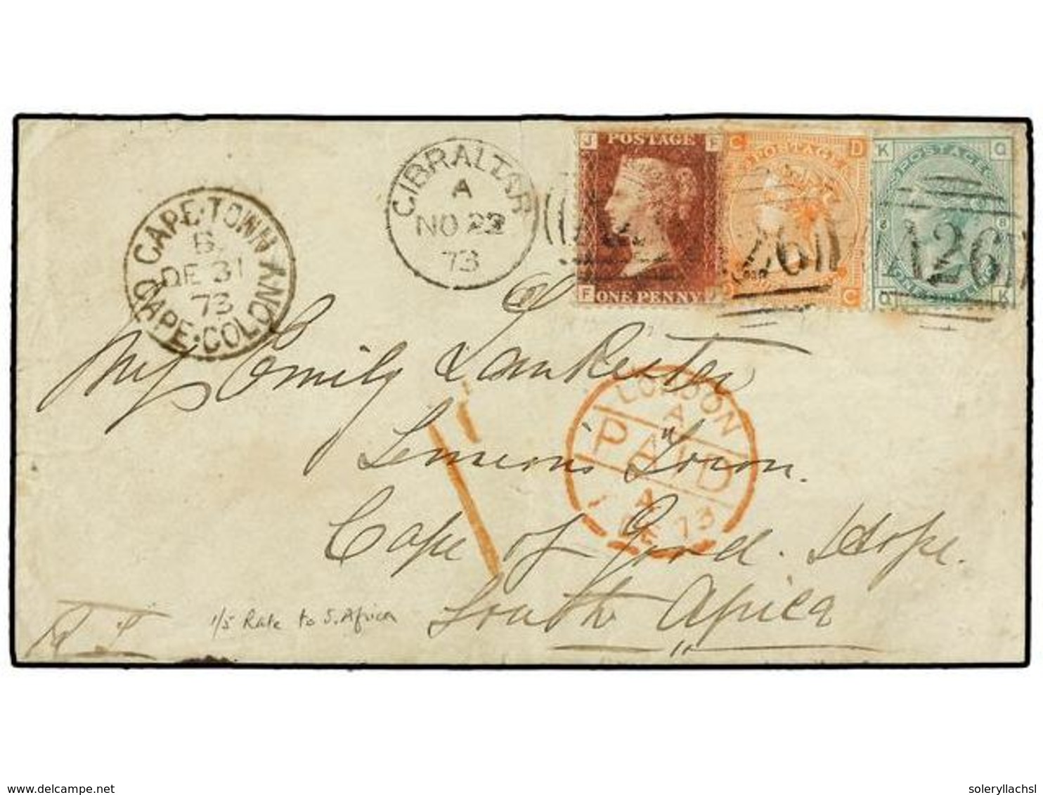 2857 GIBRALTAR. 1873 (Nov 22). Cover To CAPE OF GOOD HOPE With Three Colour Franking Of Great Britain <B>1d.</B> Red Pl. - Sonstige & Ohne Zuordnung