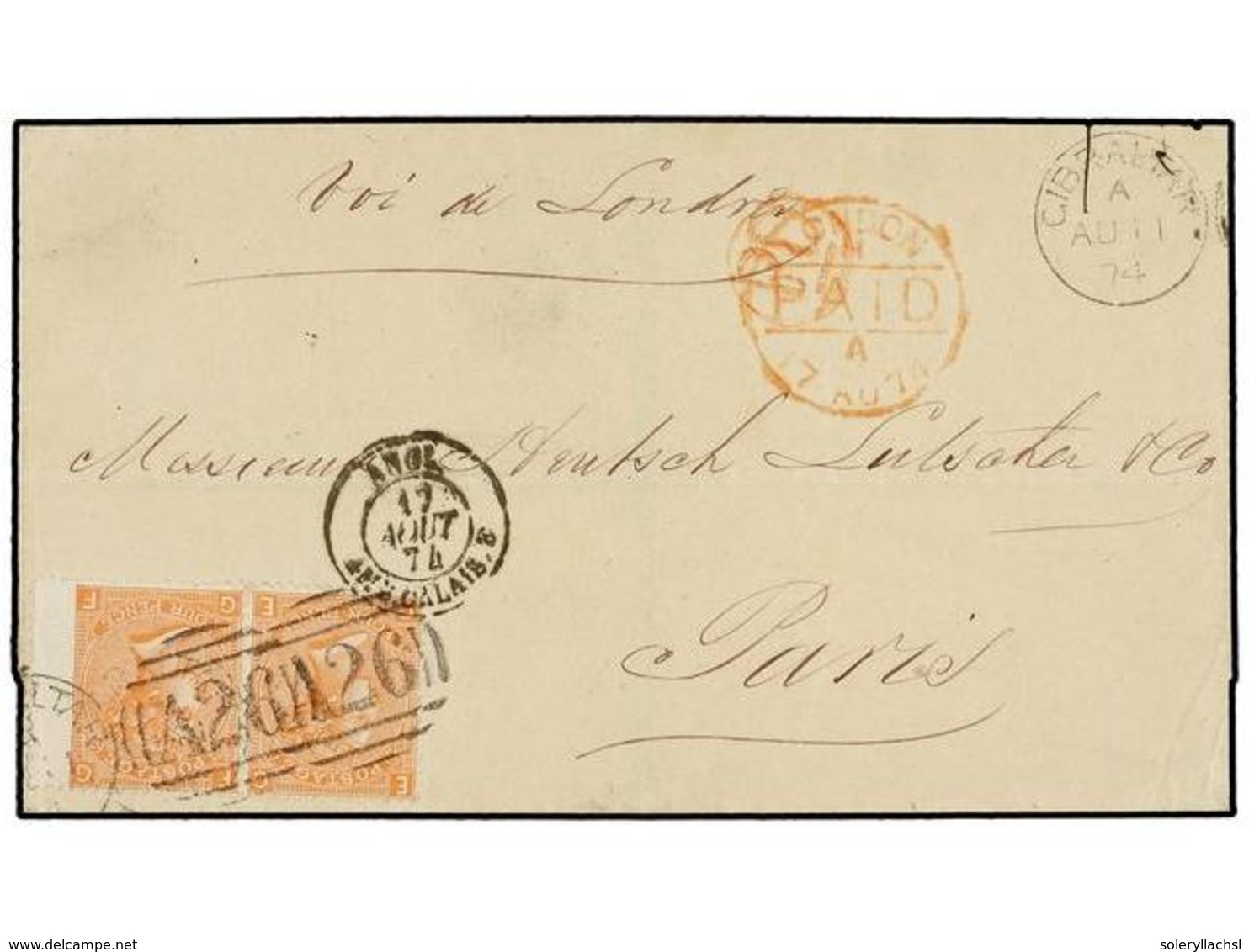 2858 GIBRALTAR. 1874. GIBRALTAR To PARIS (France). Folded Letter Franked With Two GB <B>4 D.</B> Orange (pl. 13) Cancell - Other & Unclassified