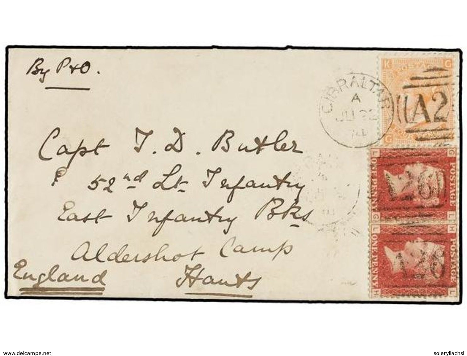 2859 GIBRALTAR. 1874. GIBRALTAR To ENGLAND. Envelope Franked With GB <B>1 D.</B> Red (2) And <B>4 D.</B> Orange (contemp - Sonstige & Ohne Zuordnung