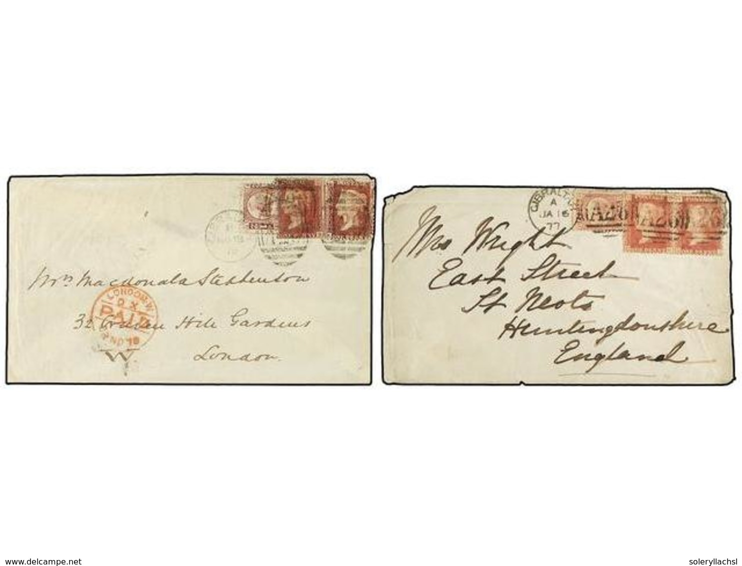 2860 GIBRALTAR. 1877-78. Two Envelopes, From GIBRALTAR To GB Franked With GB <B>1/2 D. + 1 D. + 1 D.</B> Stamps Cancelle - Other & Unclassified