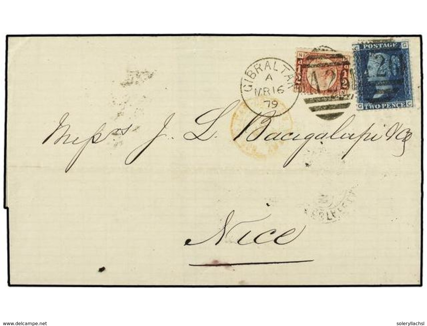 2861 GIBRALTAR. Sg.Z15+Z22. 1879 (March 16). Cover From GIBRALTAR To NICE Franked By Great Britain 1858 <B>2d.</B> Blue  - Other & Unclassified